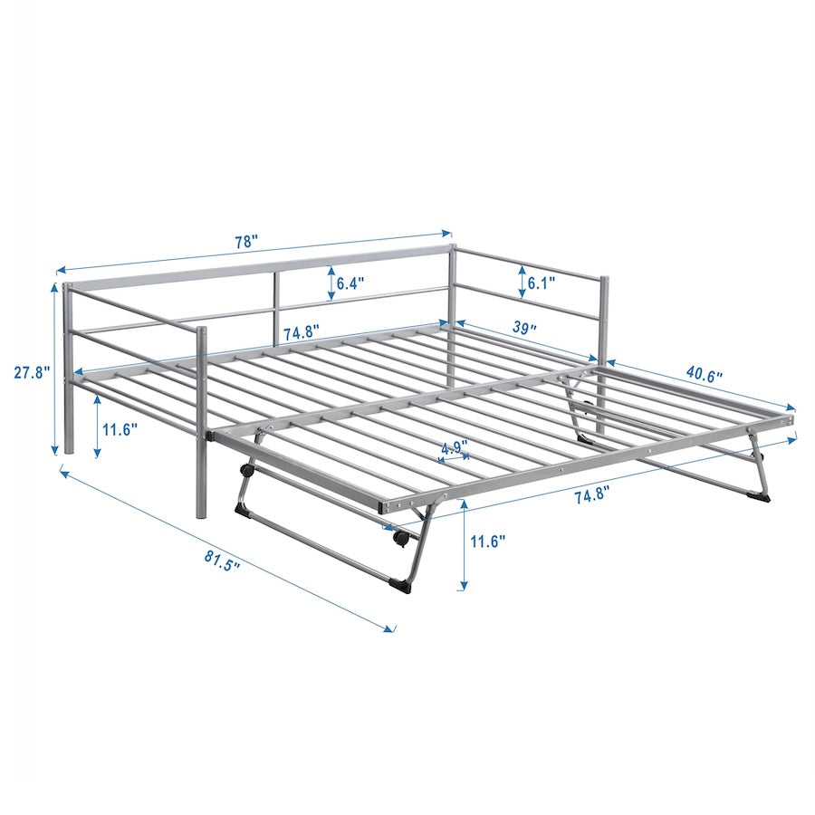 Sawyer Twin Size Metal Daybed with Pop Up Trundle - Silver