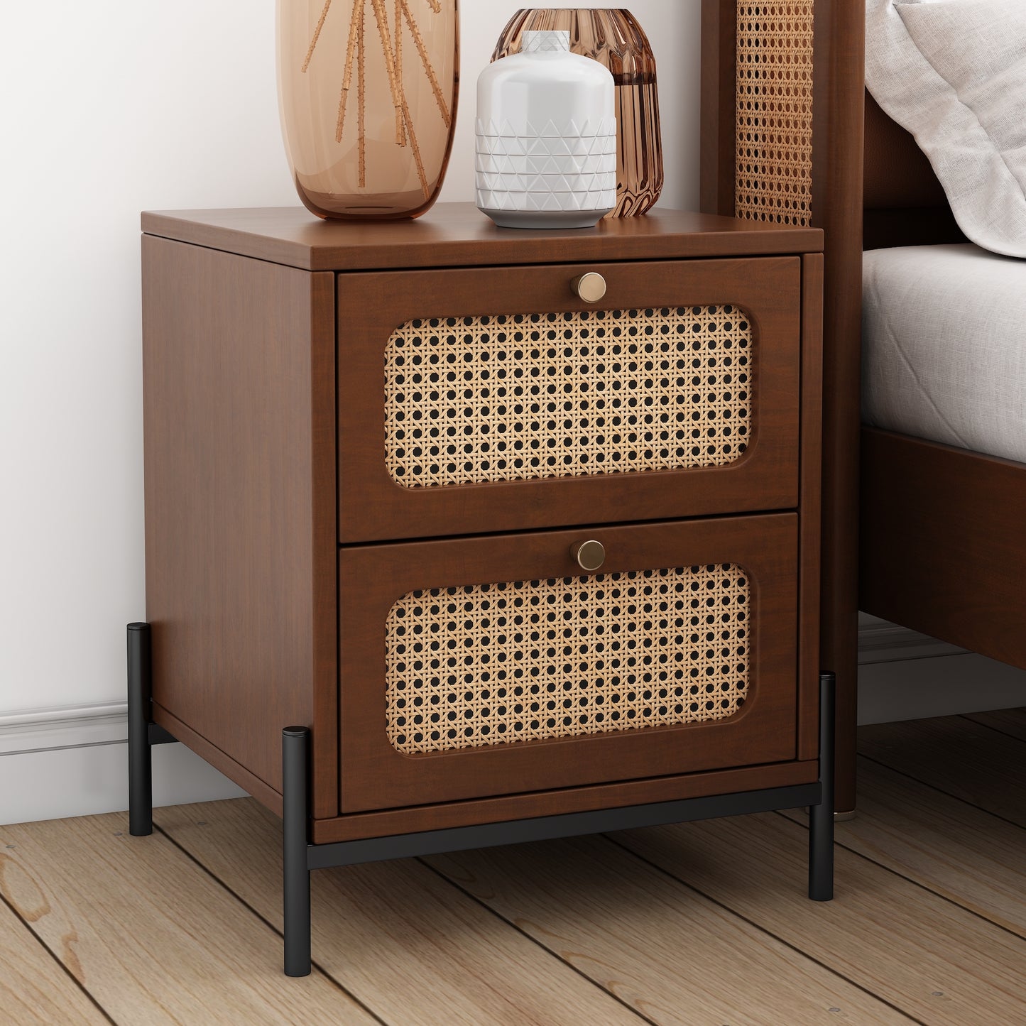 Dalton Modern Cannage & Rattan 2-Drawer Nightstand - Walnut