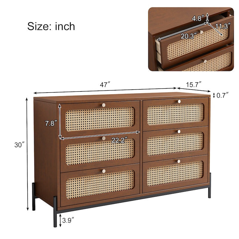 Dalton Modern Cannage & Rattan 6-Drawer Dresser - Walnut