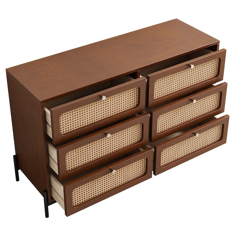 Dalton Modern Cannage & Rattan 6-Drawer Dresser - Walnut