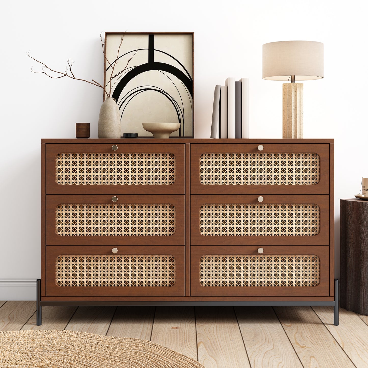 Dalton Modern Cannage & Rattan 6-Drawer Dresser - Walnut