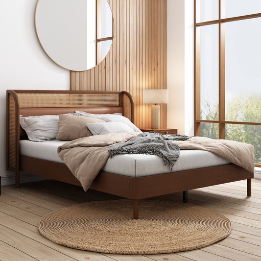 Dalton Modern Cannage & Rattan Queen Bed - Walnut