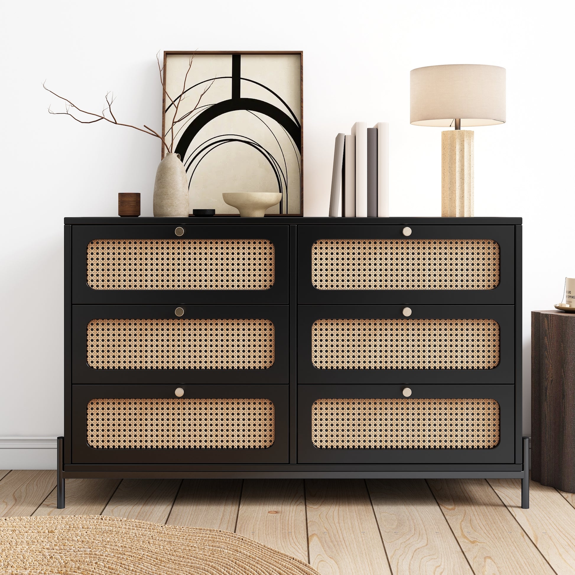 Dalton Modern Cannage & Rattan 6-Drawer Dresser - Black