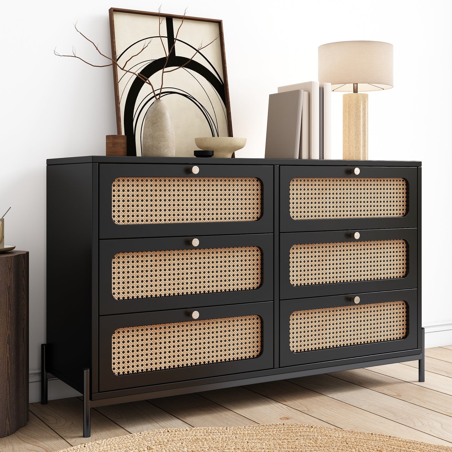 Dalton Modern Cannage & Rattan 6-Drawer Dresser - Black