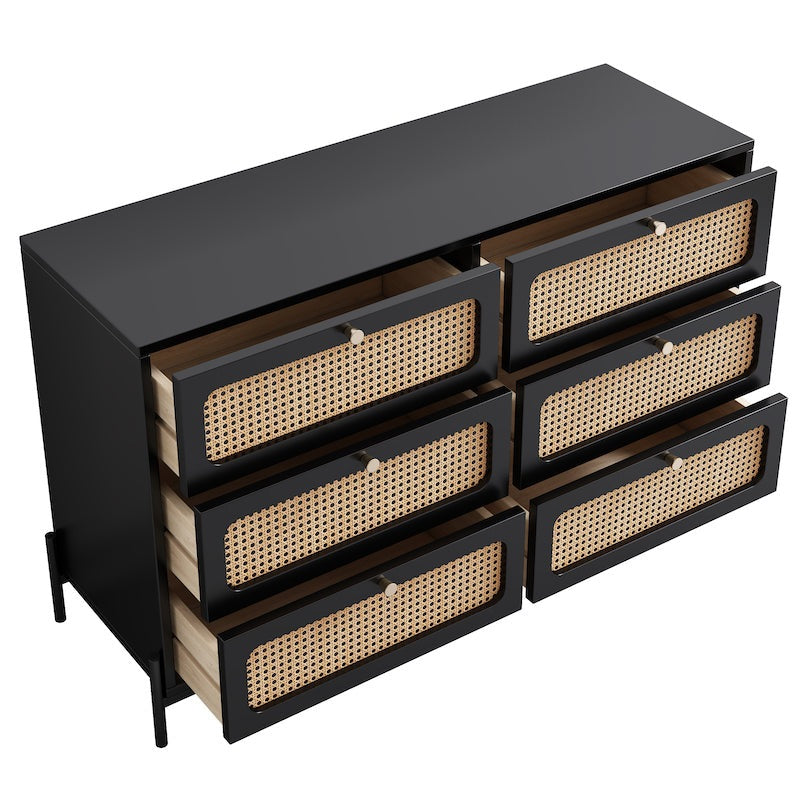 Dalton Modern Cannage & Rattan 6-Drawer Dresser - Black