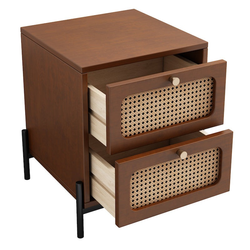 Dalton Modern Cannage & Rattan 2-Drawer Nightstand - Walnut