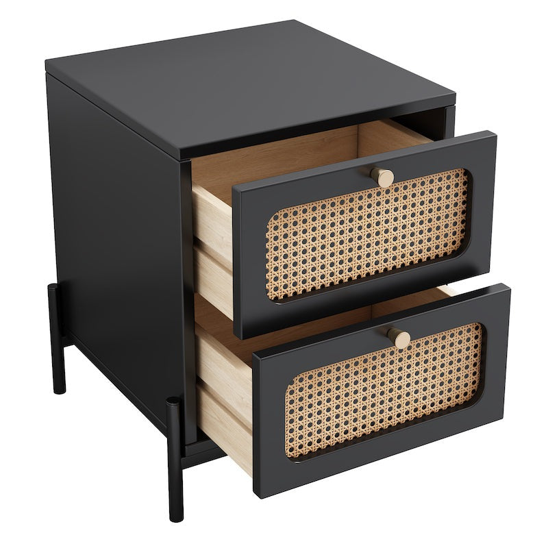 Dalton Modern Cannage & Rattan 2-Drawer Nightstand - Black