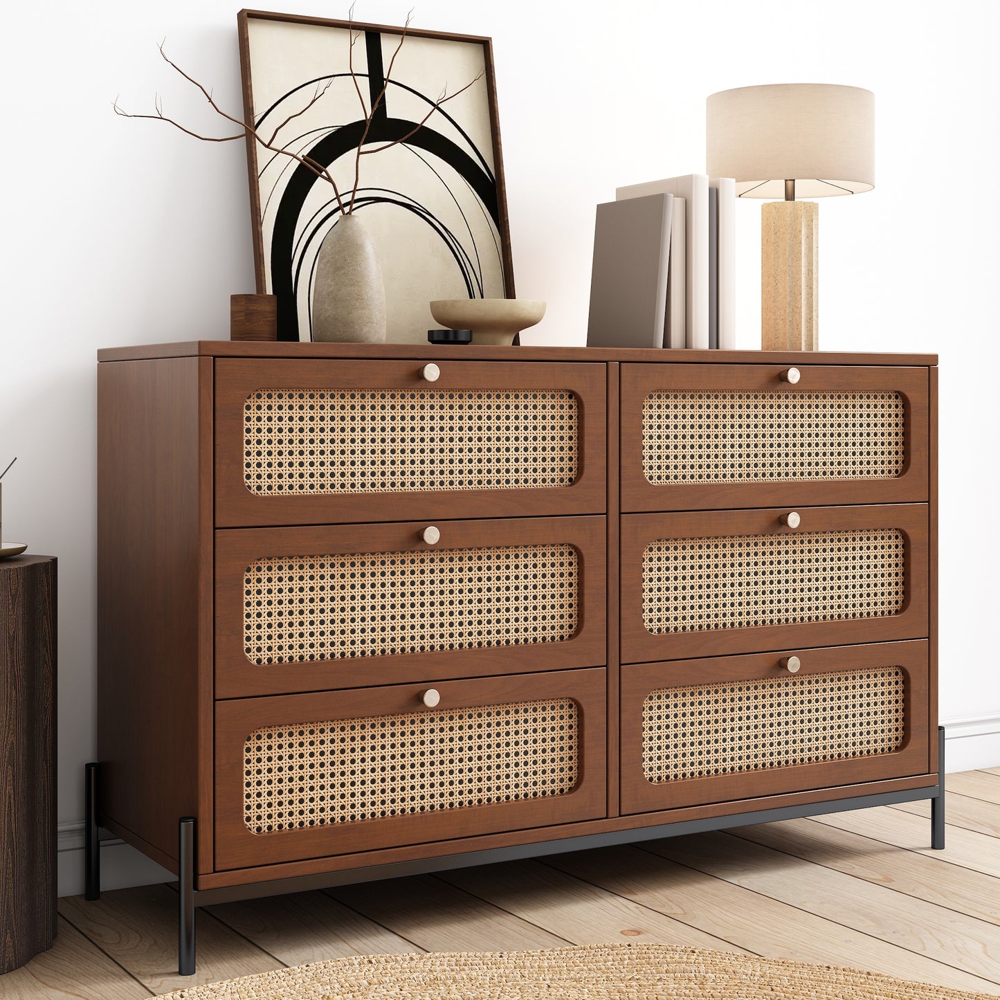 Dalton Modern Cannage & Rattan 6-Drawer Dresser - Walnut