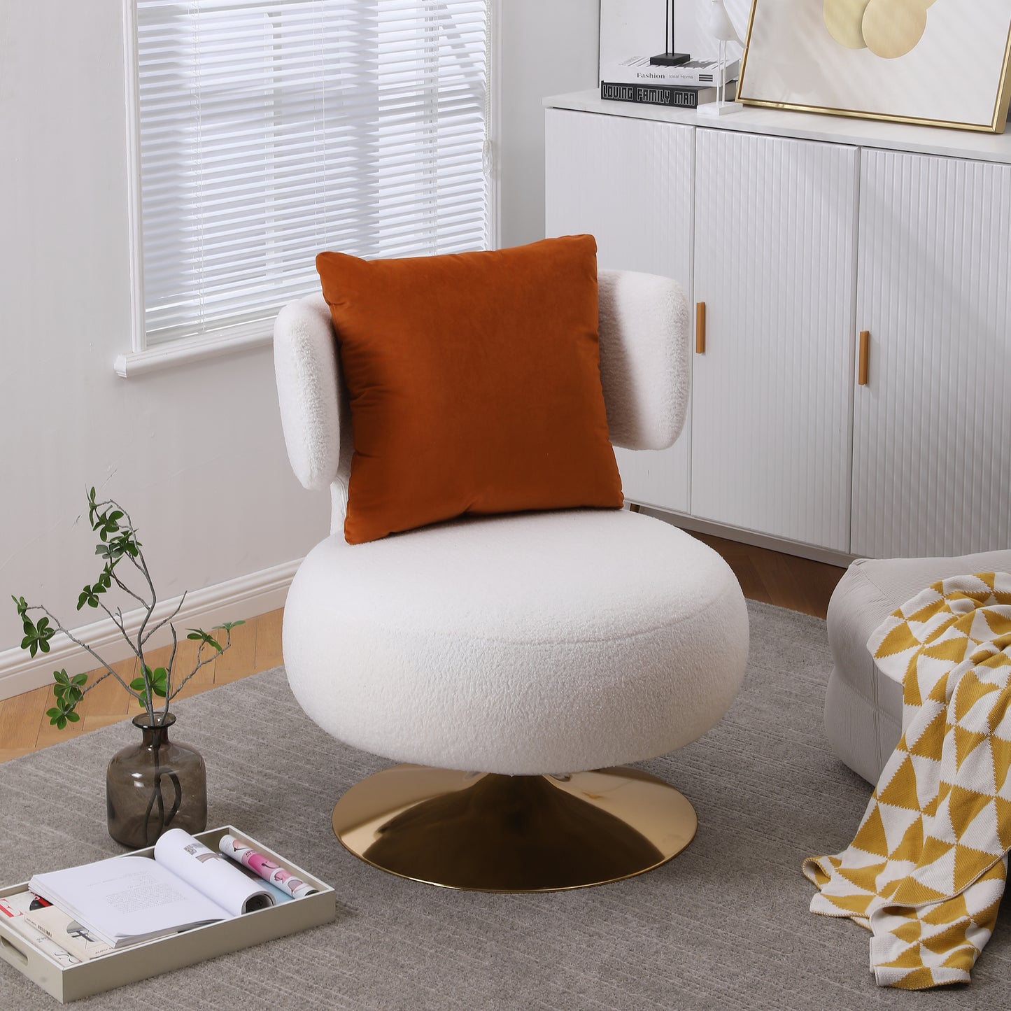 XR Modern Teddy Fabric Swivel Accent Chair with Gold Base - White