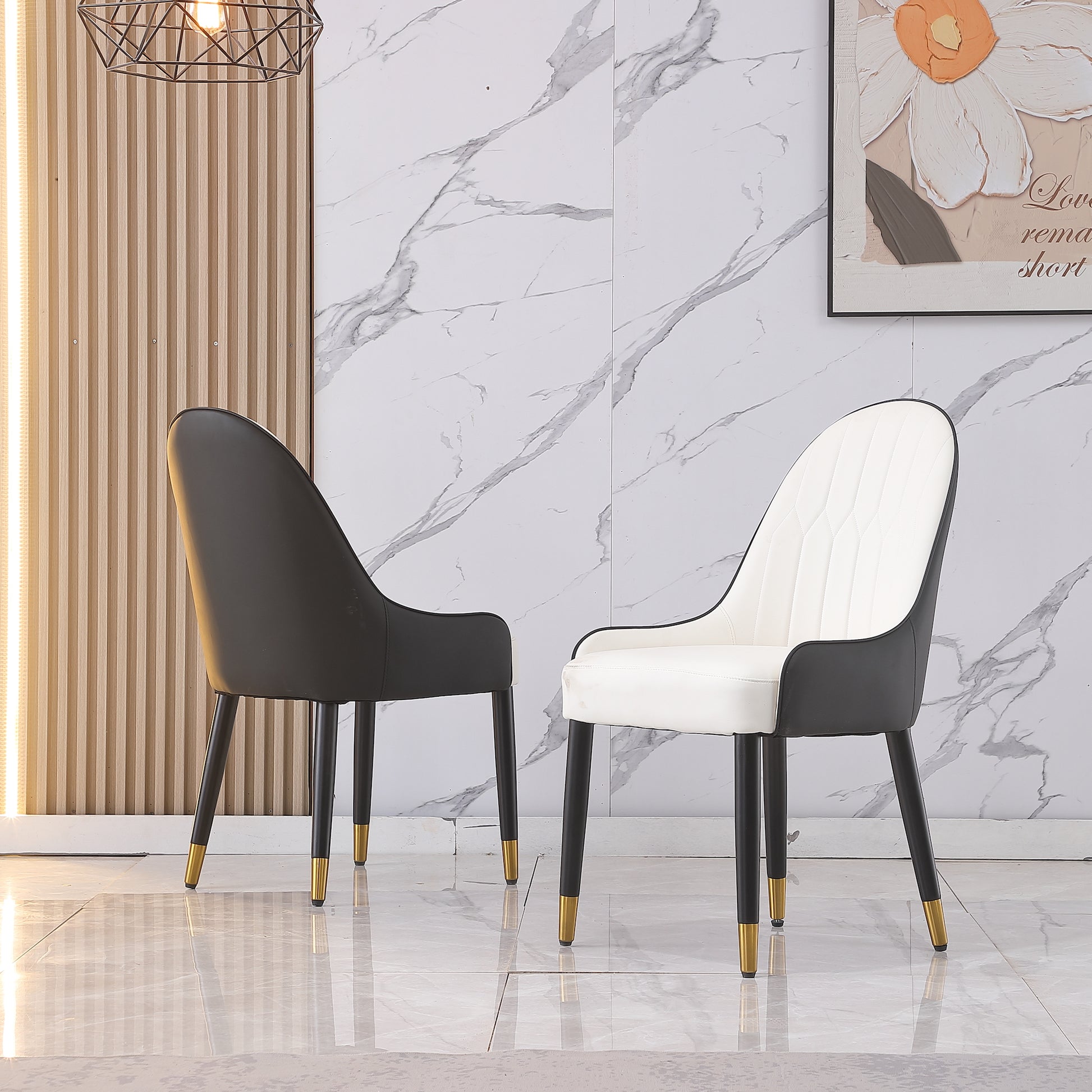 Montary Dining Chair in PU Leather with Wooden Gold Tipped Legs Set of 2 Black