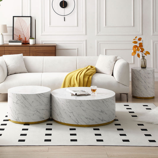 Justone Modern Round Faux Marble Coffee Table with Gold Base - White