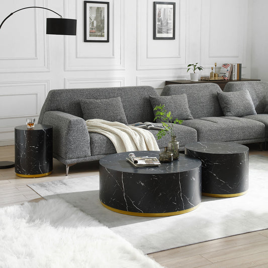 Justone Modern Round Faux Marble Coffee Table with Gold Base - Black