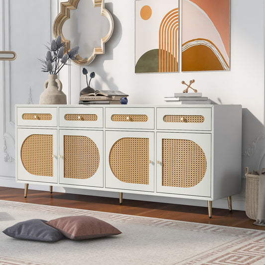 U_Can Mid-Century Modern Sideboard with Rattan Doors - White