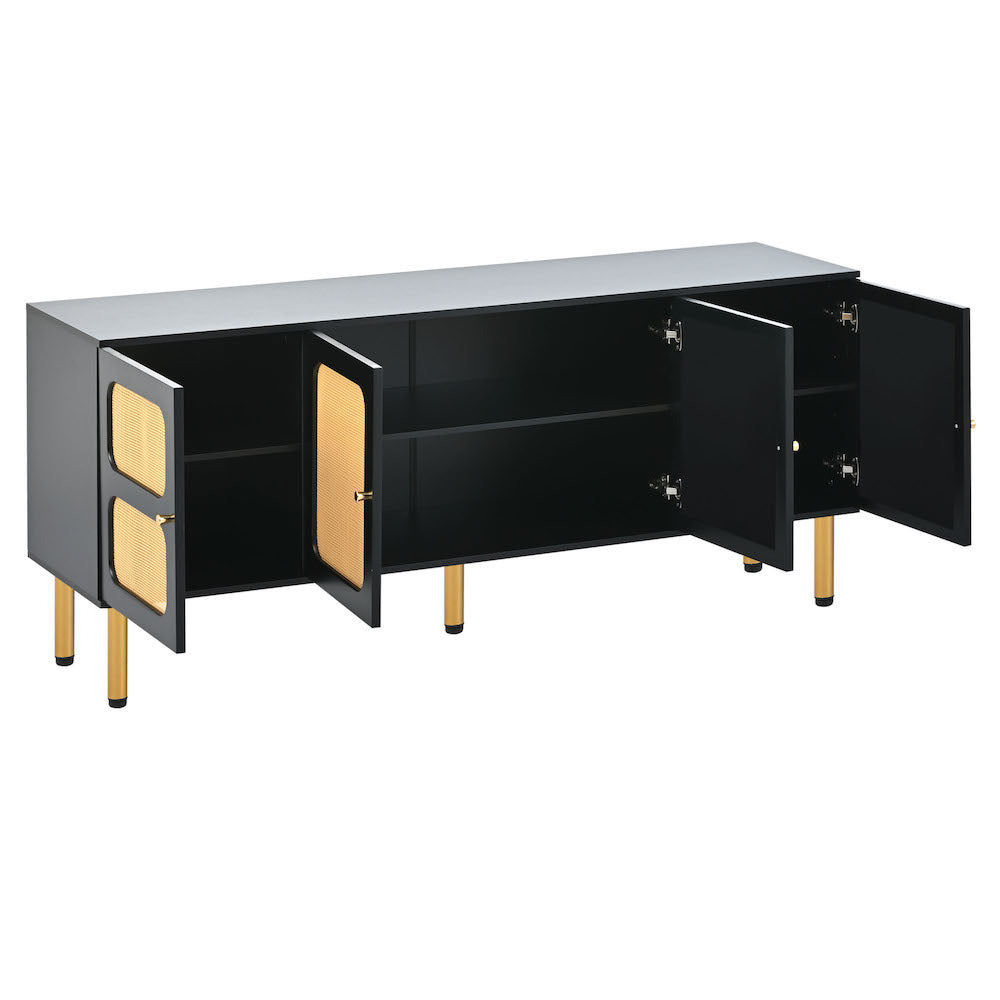 On-Trend Boho Style TV Stand with Rattan Doors & Gold Legs - Black