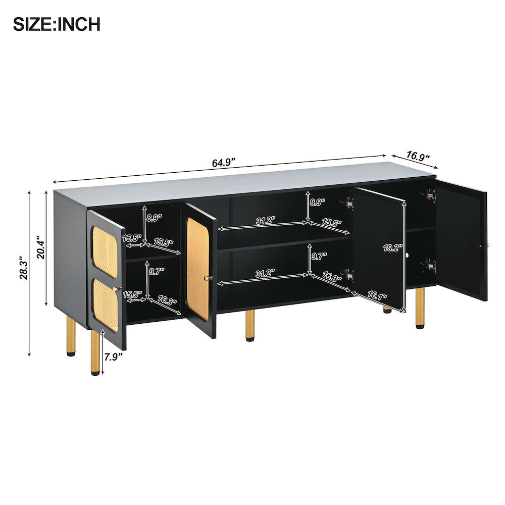 On-Trend Boho Style TV Stand with Rattan Doors & Gold Legs - Black