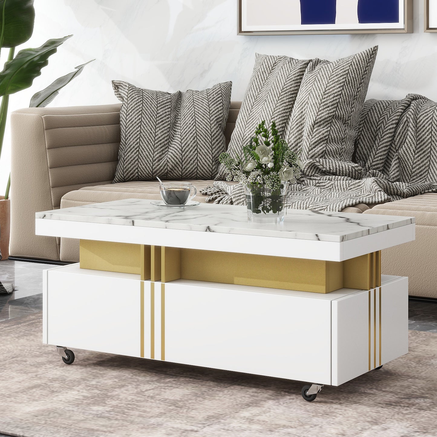 On-Trend Modern Coffee Table with Faux Marble Top - White