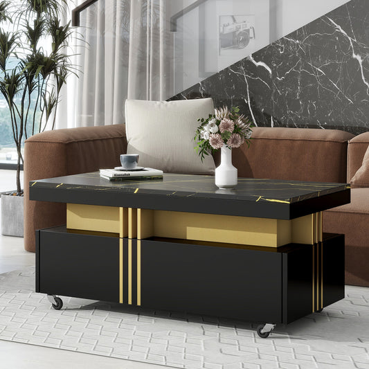 On-Trend Modern Coffee Table with Faux Marble Top - Black