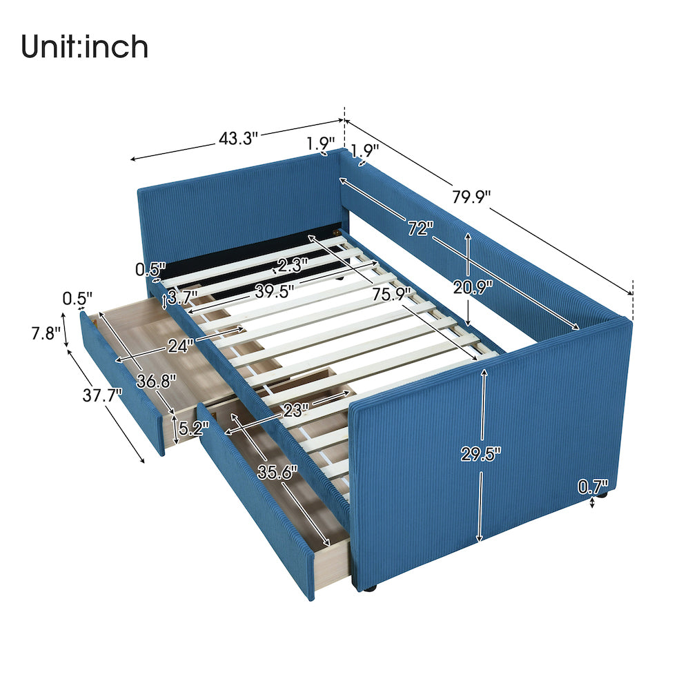 Lucky Twin Corduroy Upholstered Daybed with Storage Drawers - Blue