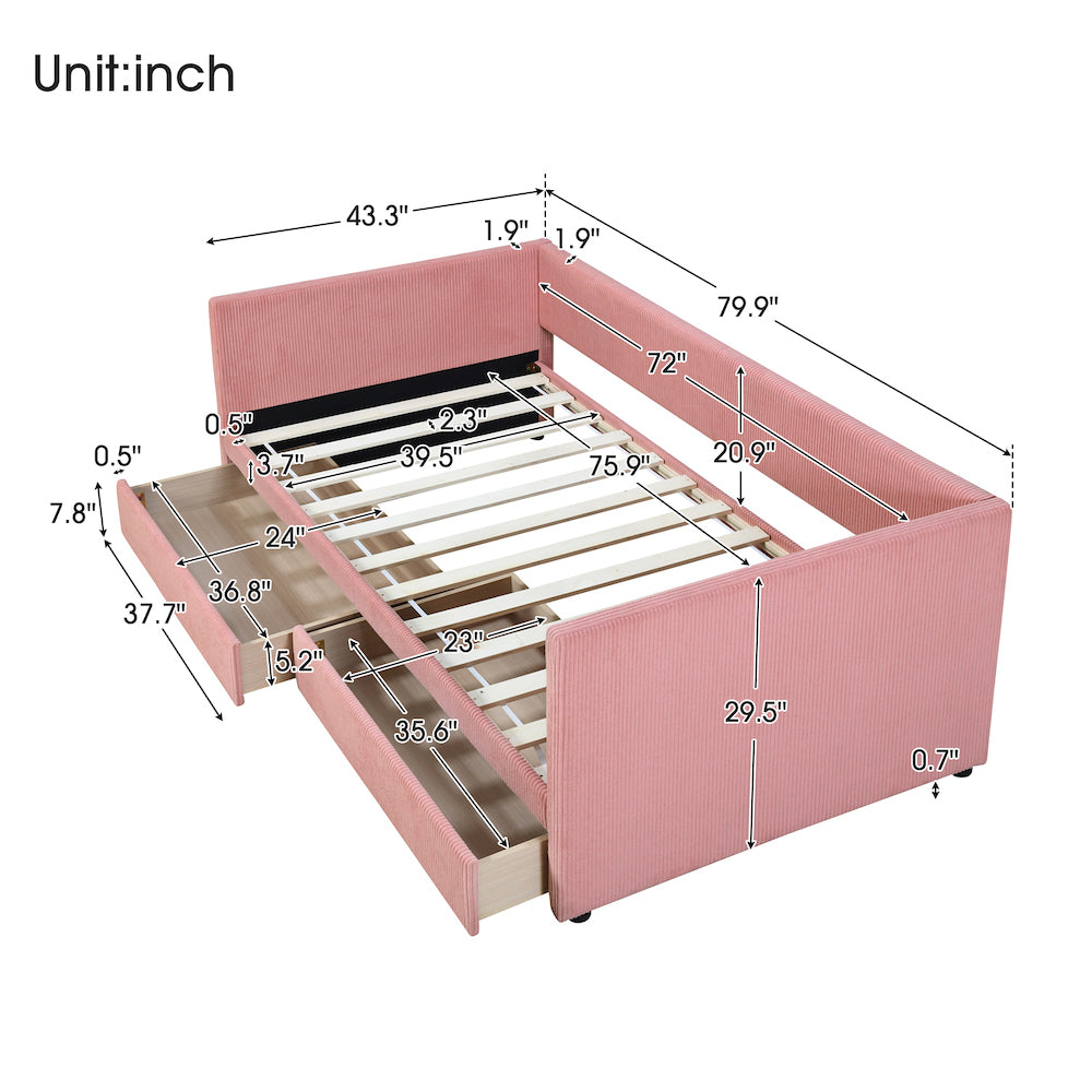 Lucky Twin Corduroy Upholstered Daybed with Storage Drawers - Pink