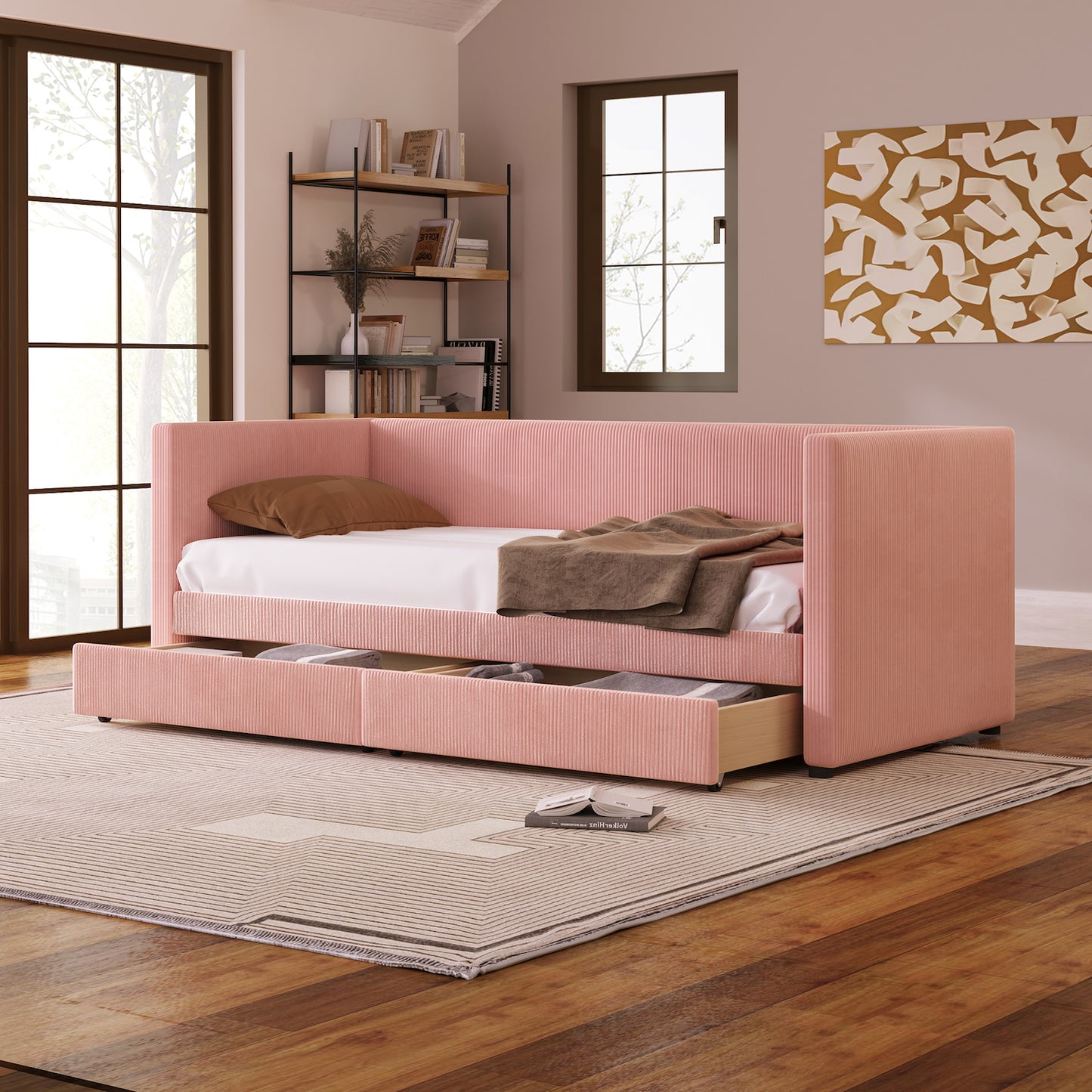 Lucky Twin Corduroy Upholstered Daybed with Storage Drawers - Pink