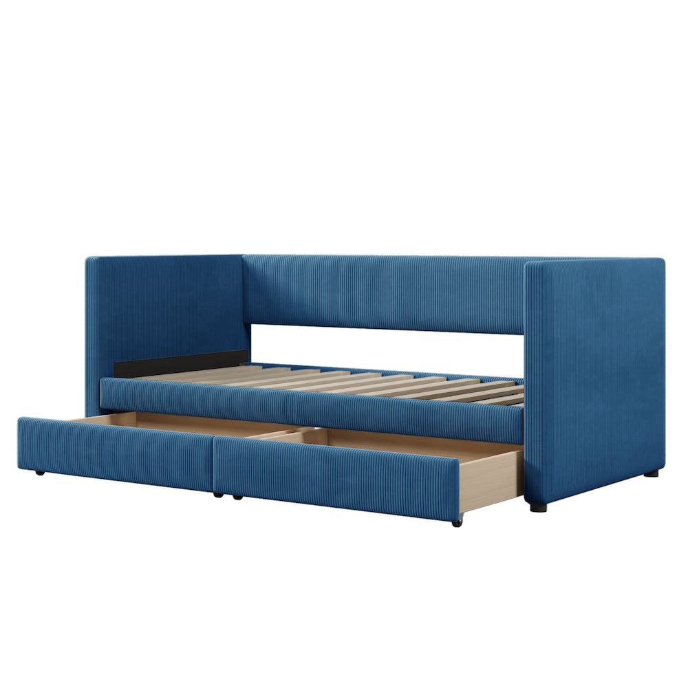 Lucky Twin Corduroy Upholstered Daybed with Storage Drawers - Blue