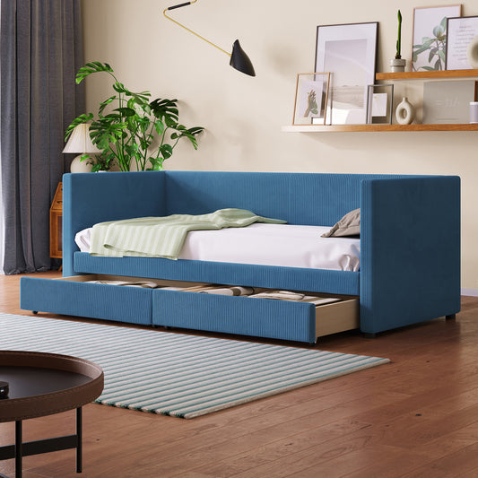 Lucky Twin Corduroy Upholstered Daybed with Storage Drawers - Blue