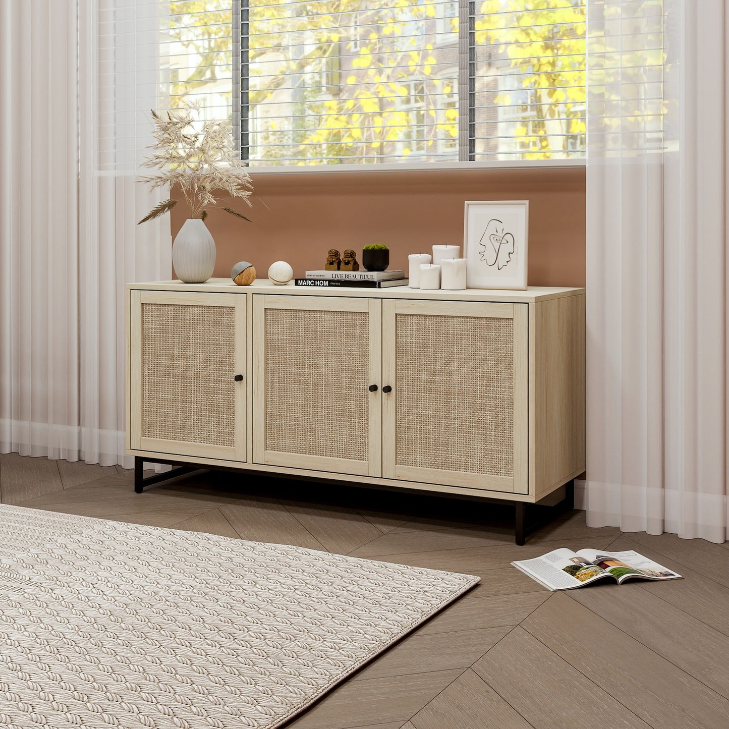 Milestone 3-Door Cabinet with Rattan Fronts - Brown