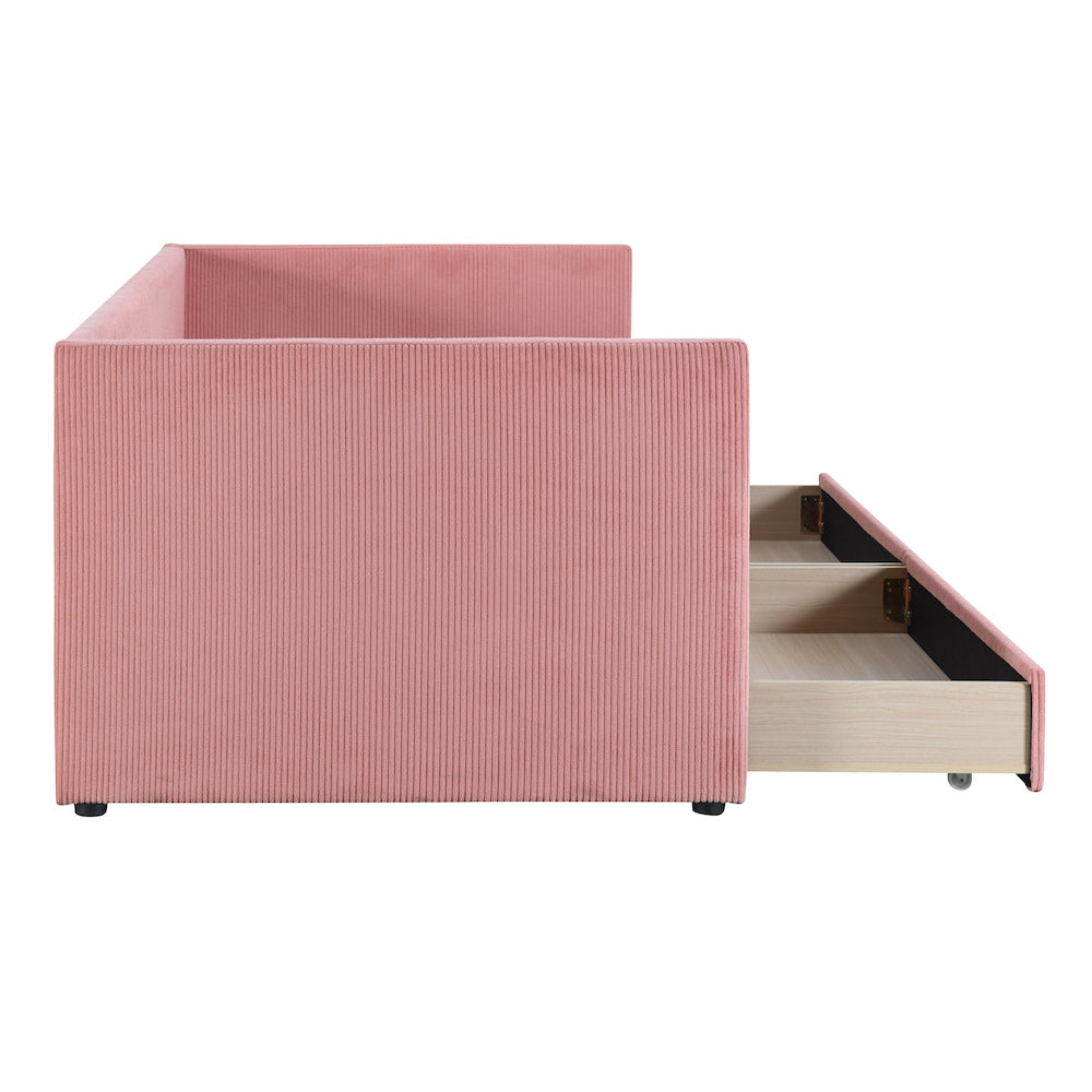 Lucky Twin Corduroy Upholstered Daybed with Storage Drawers - Pink