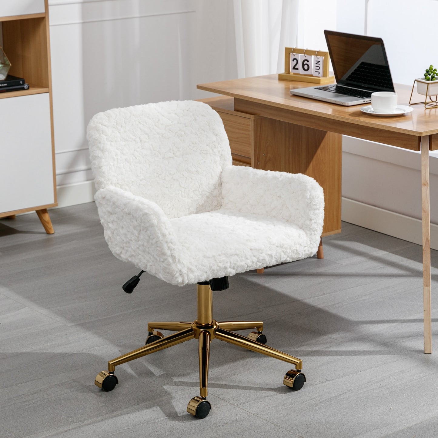 Solara Faux Rabbit Office Swivel Chair with Gold Base - White