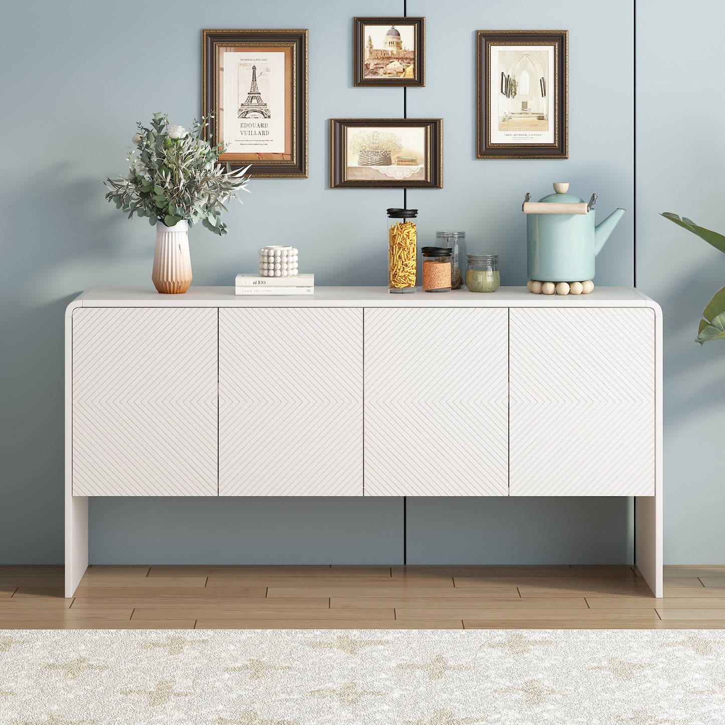 Trexm Modern Minimalist 60" 4-Door Sideboard - White