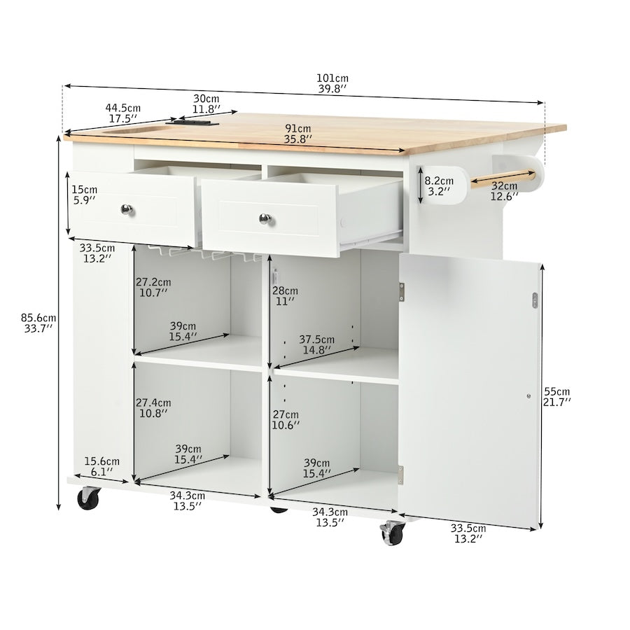 K&K Kitchen Island Cart with Drop Leaf Table Top - White