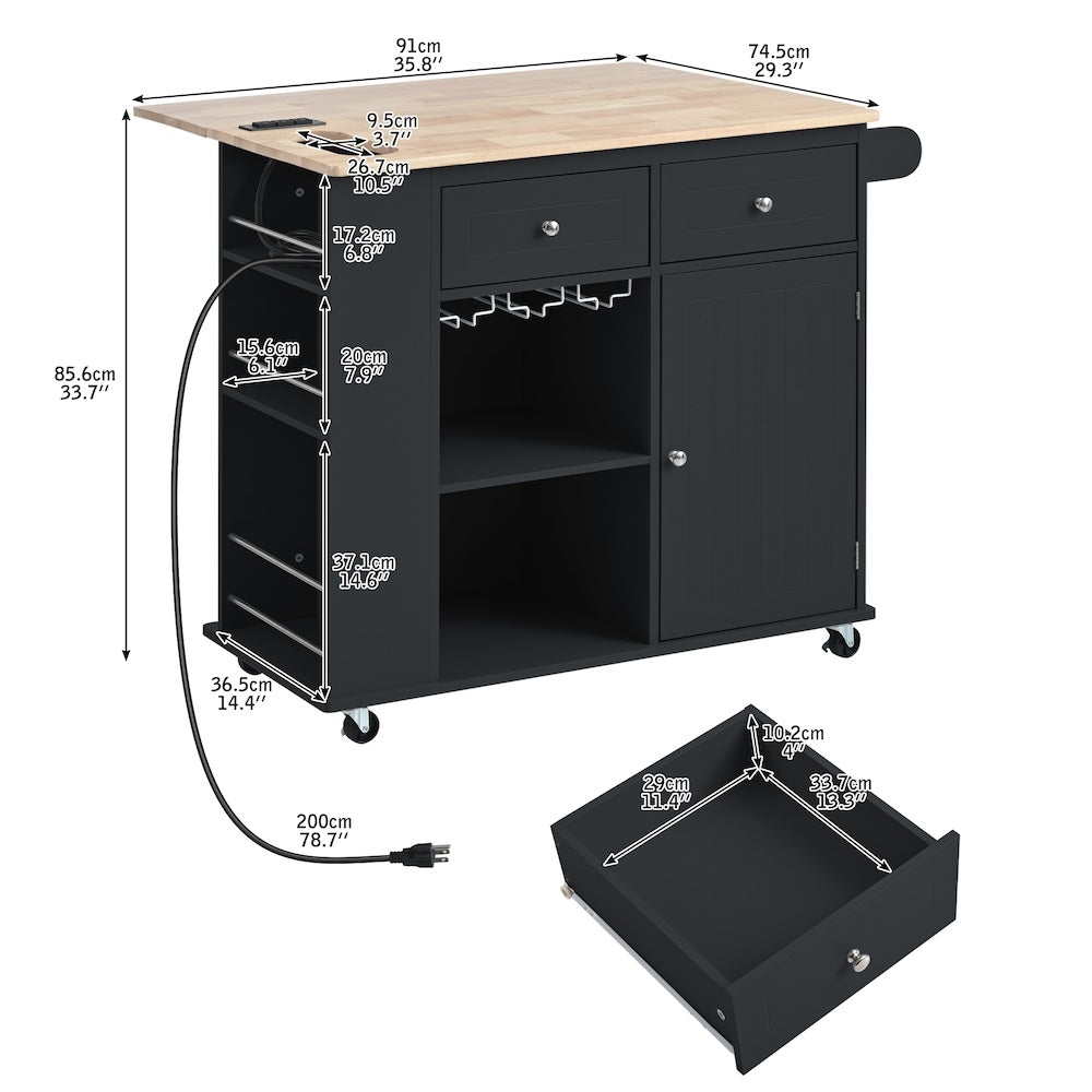 K&K Kitchen Island Cart with Drop Leaf Table Top - Black