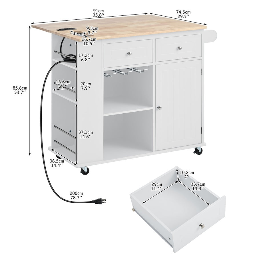 K&K Kitchen Island Cart with Drop Leaf Table Top - White