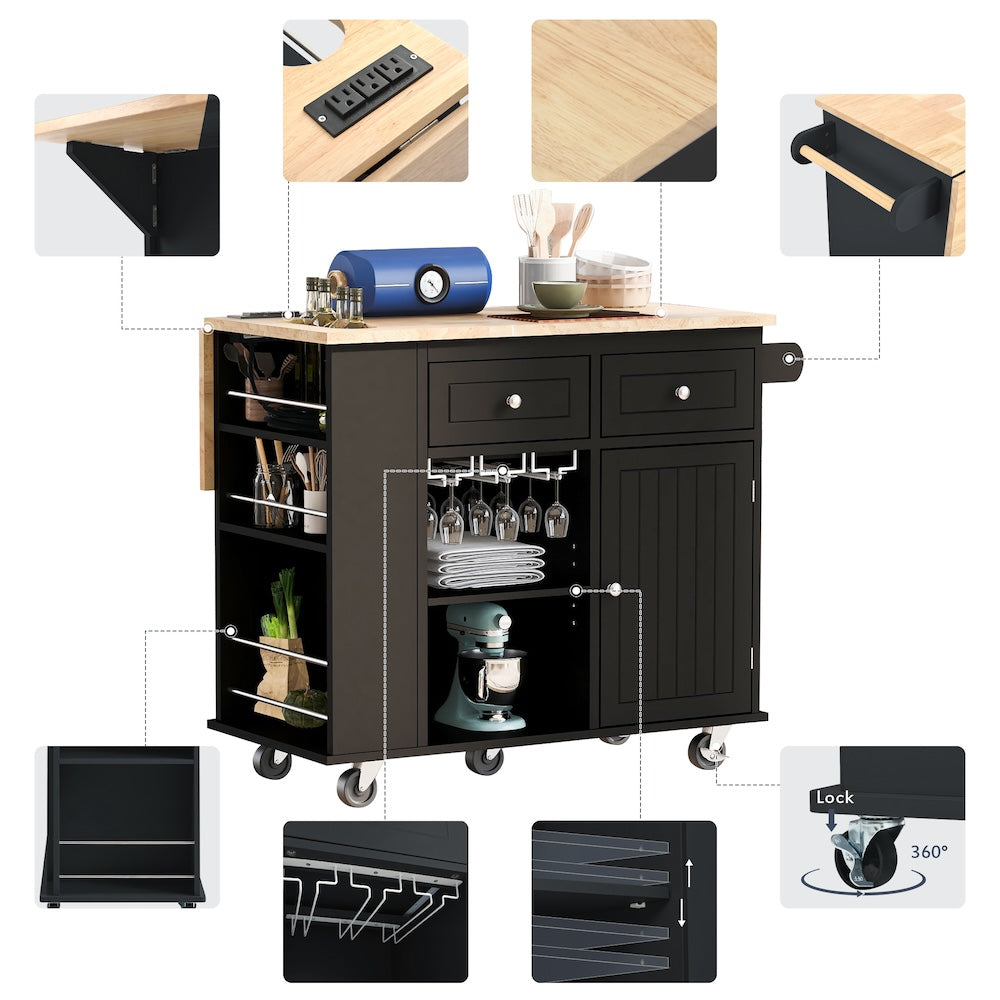 K&K Kitchen Island Cart with Drop Leaf Table Top - Black