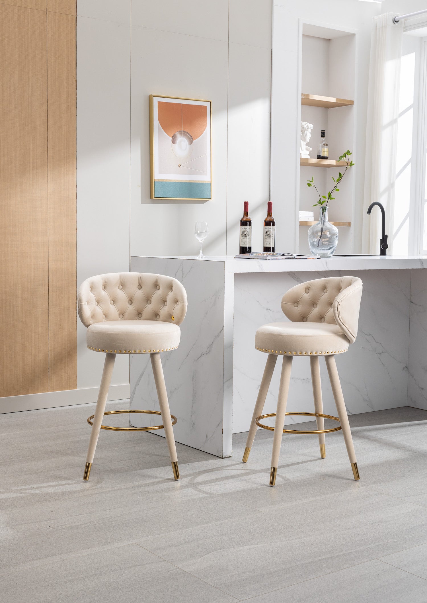 Lindsey Velvet Counter Height Swivel Stools - Beige & Gold