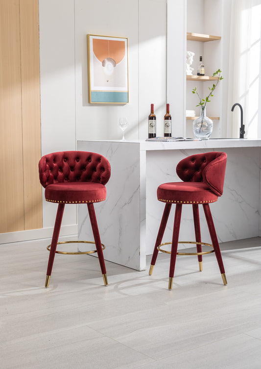 Lindsey Velvet Counter Height Swivel Stools - Claret Red & Gold