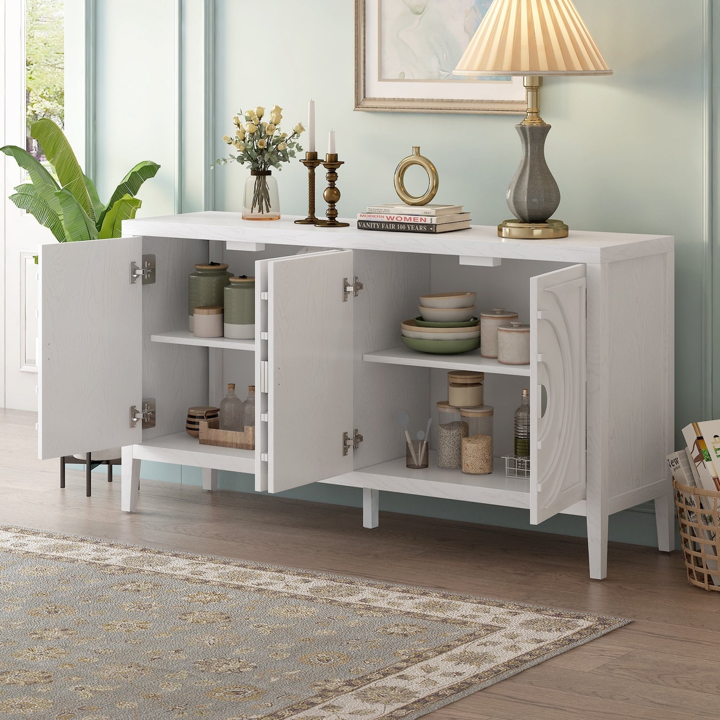 Cade Retro Sideboard with Circular Groove Design - White