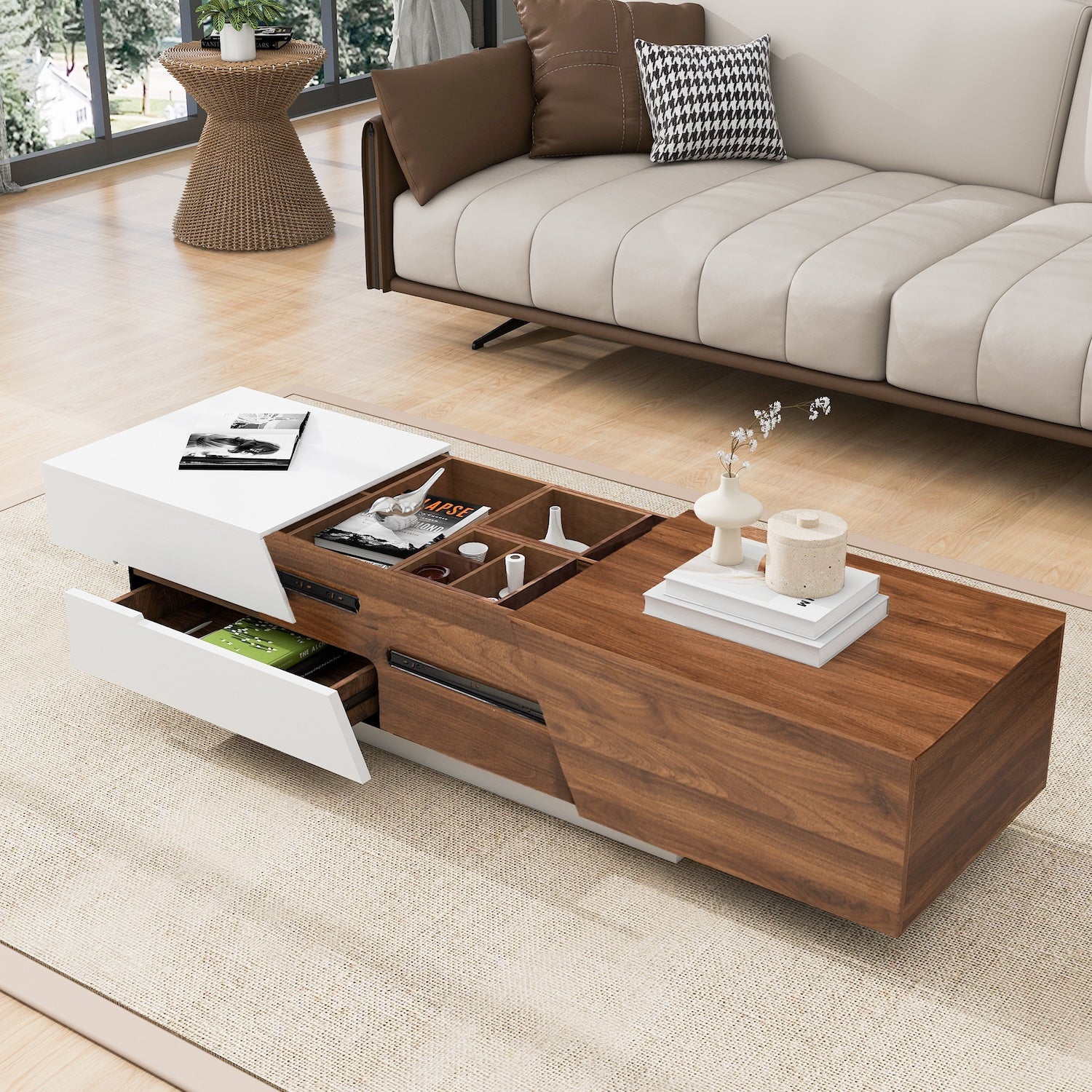 Dipali Modern Extendable Top Coffee Table - White & Walnut