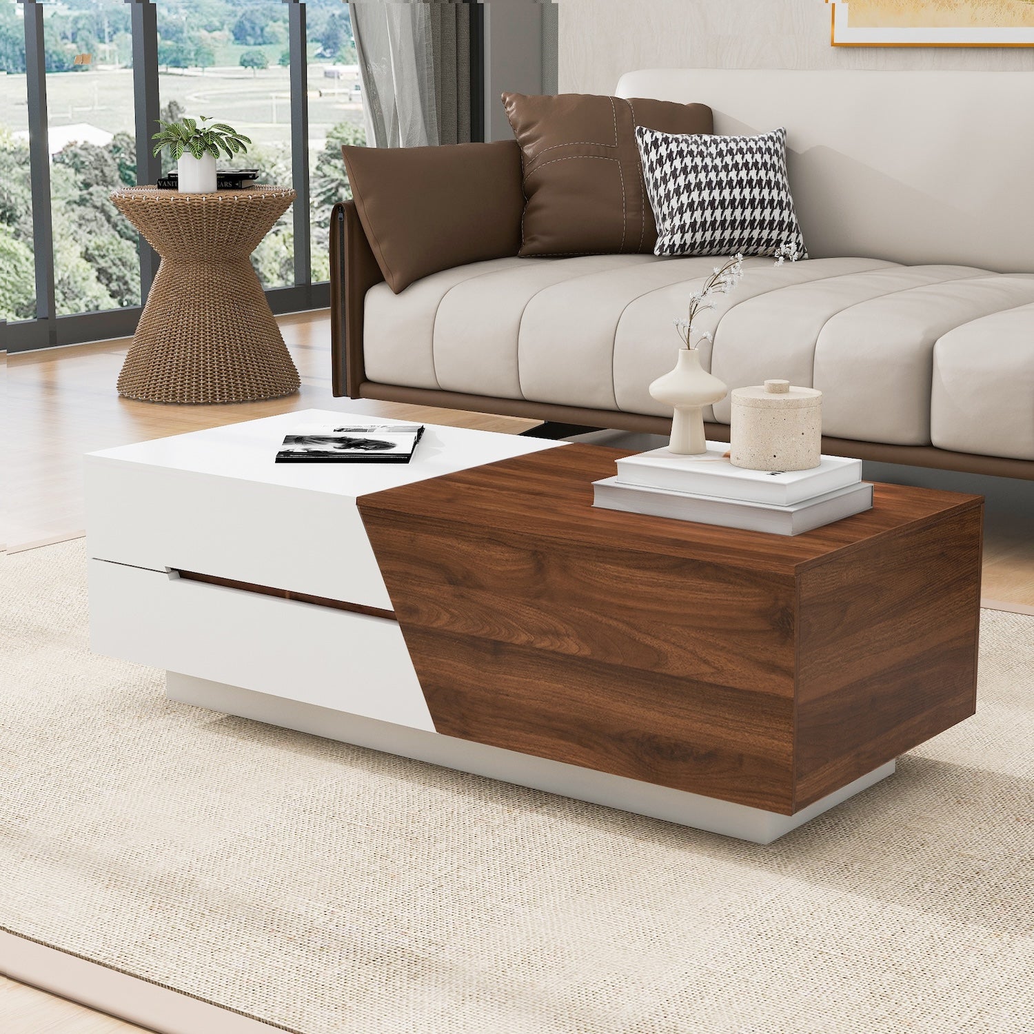 Dipali Modern Extendable Top Coffee Table - White & Walnut