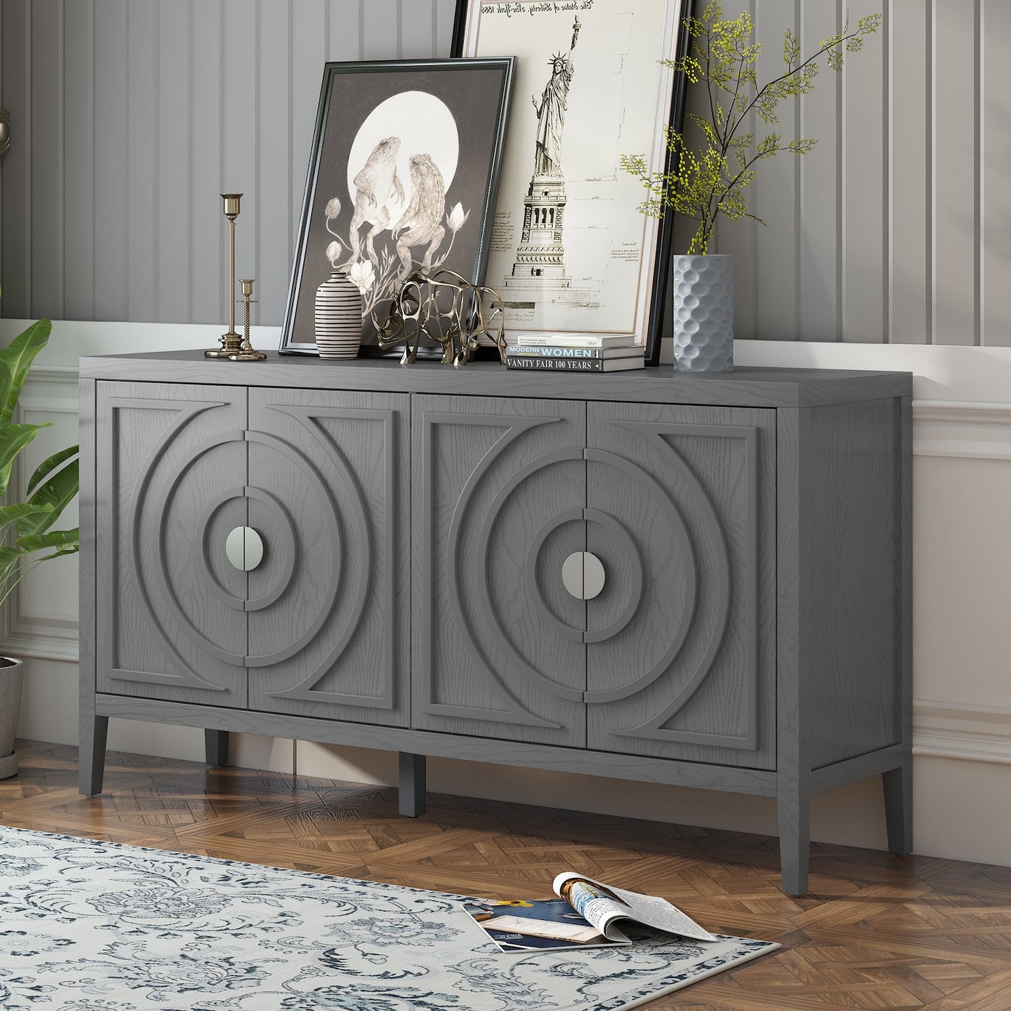 Cade Retro Sideboard with Circular Groove Design - Gray