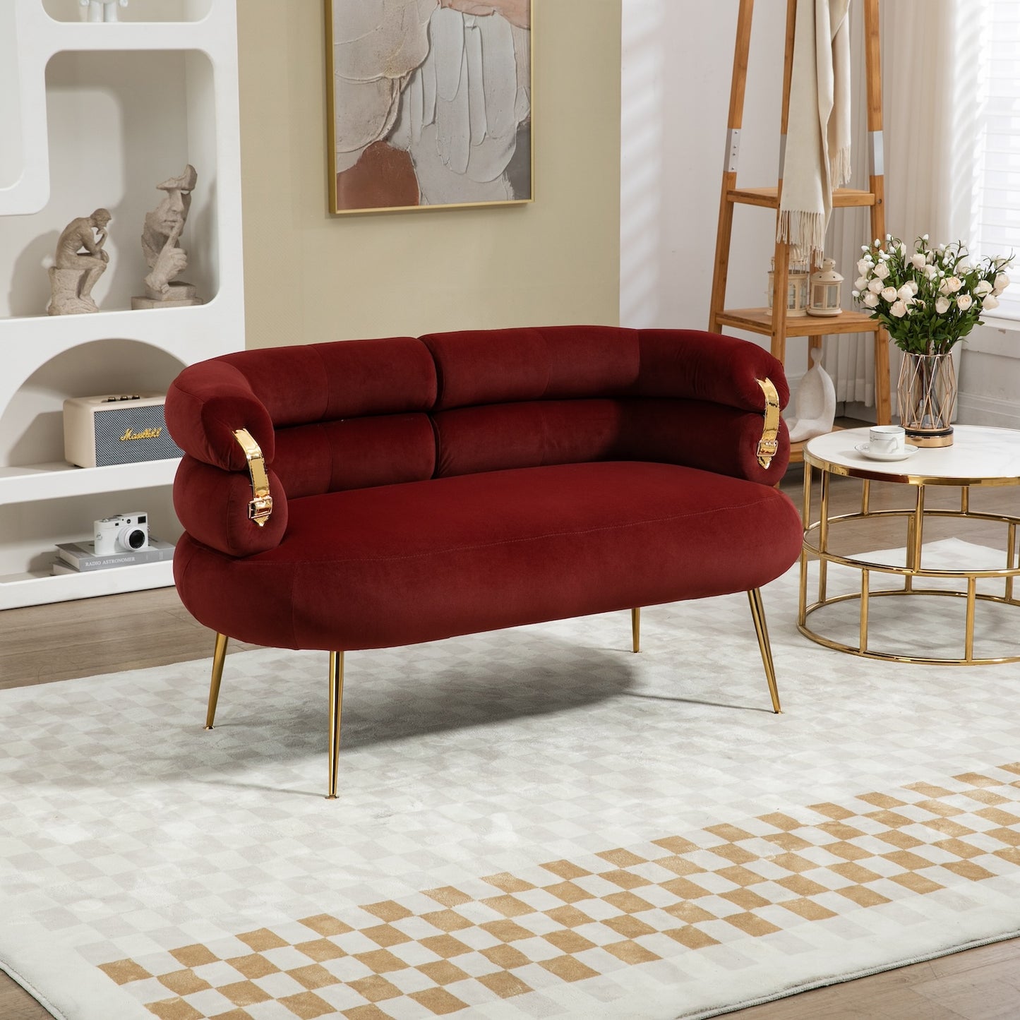 DaniJel Velvet Accent Chair with Golden Legs - Wine Red