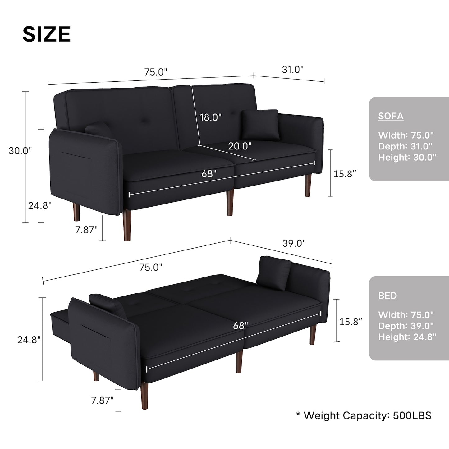 Oceana Split Back Sofa Bed with Walnut Legs - Black