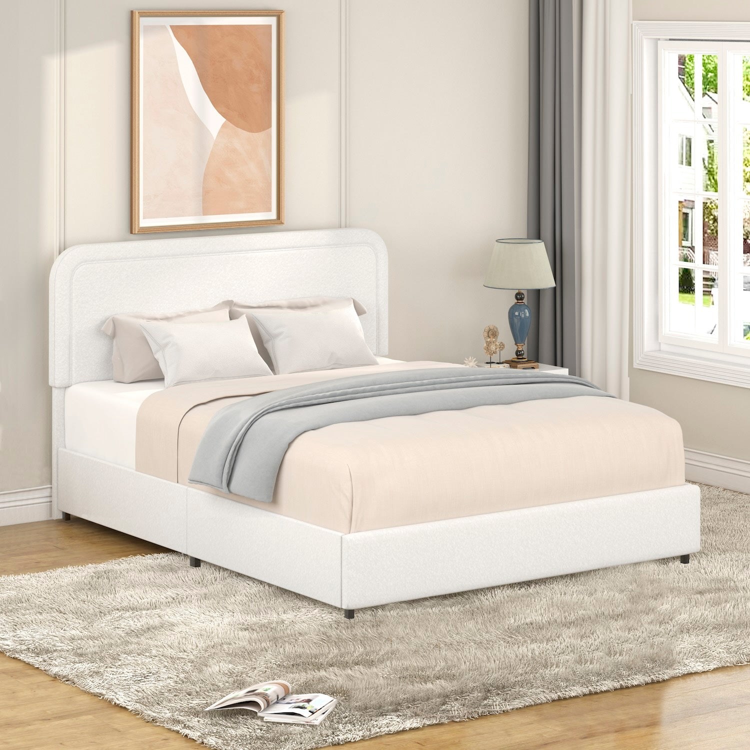 Liv Queen Size Platform Bed in Ivory Boucle