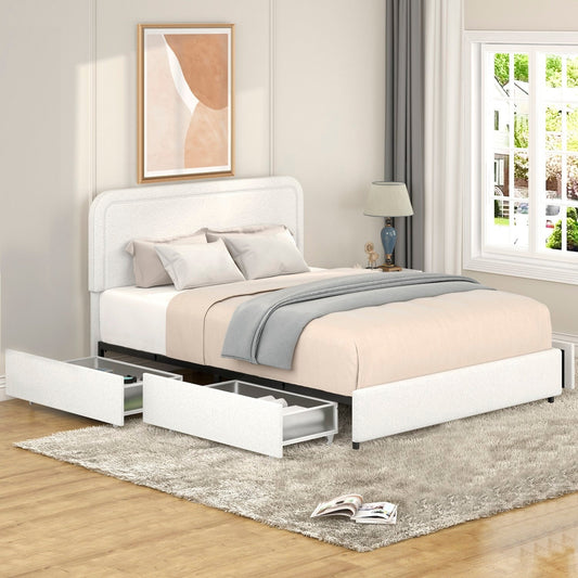 Liv Queen Size Platform Bed in Ivory Boucle