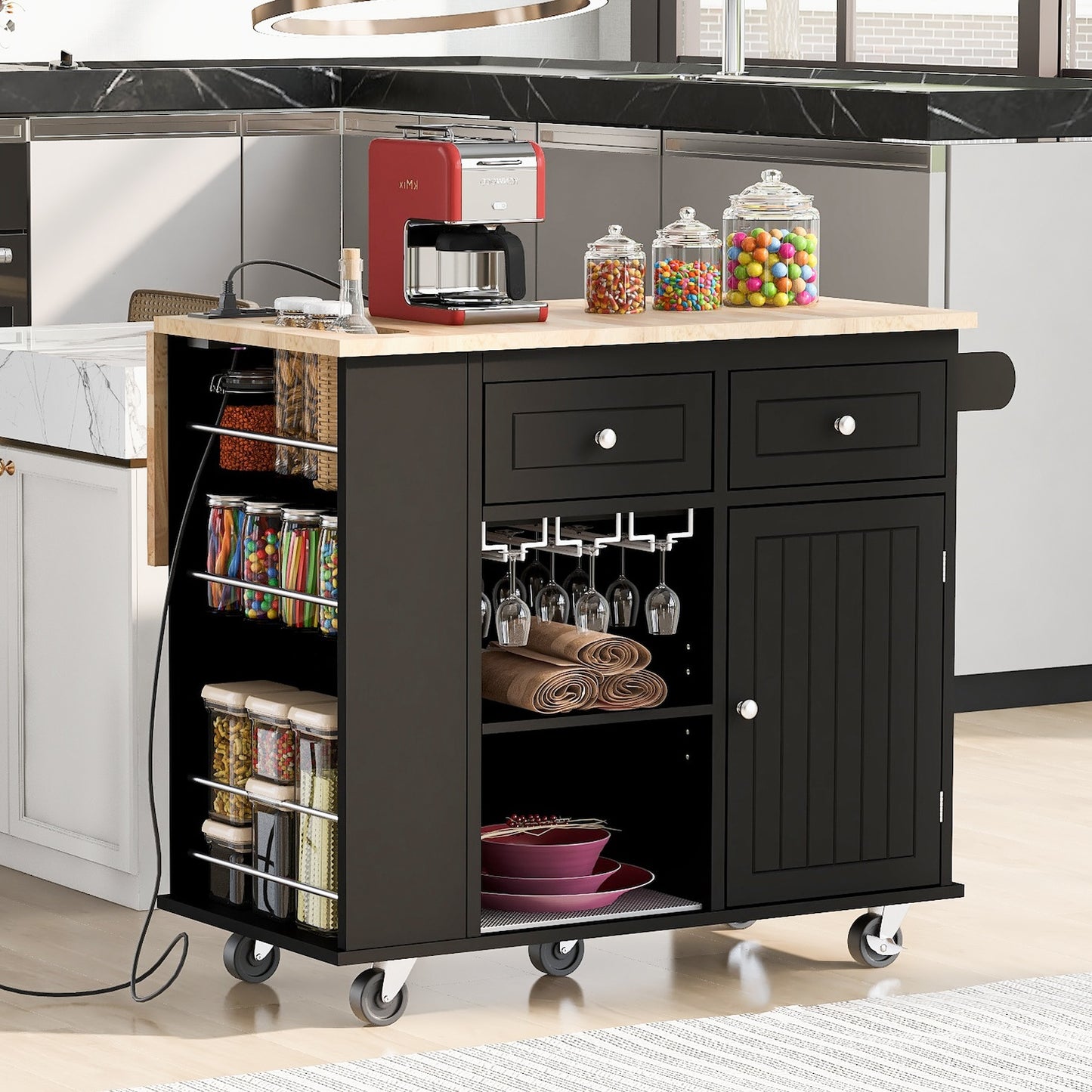 K&K Kitchen Island Cart with Drop Leaf Table Top - Black