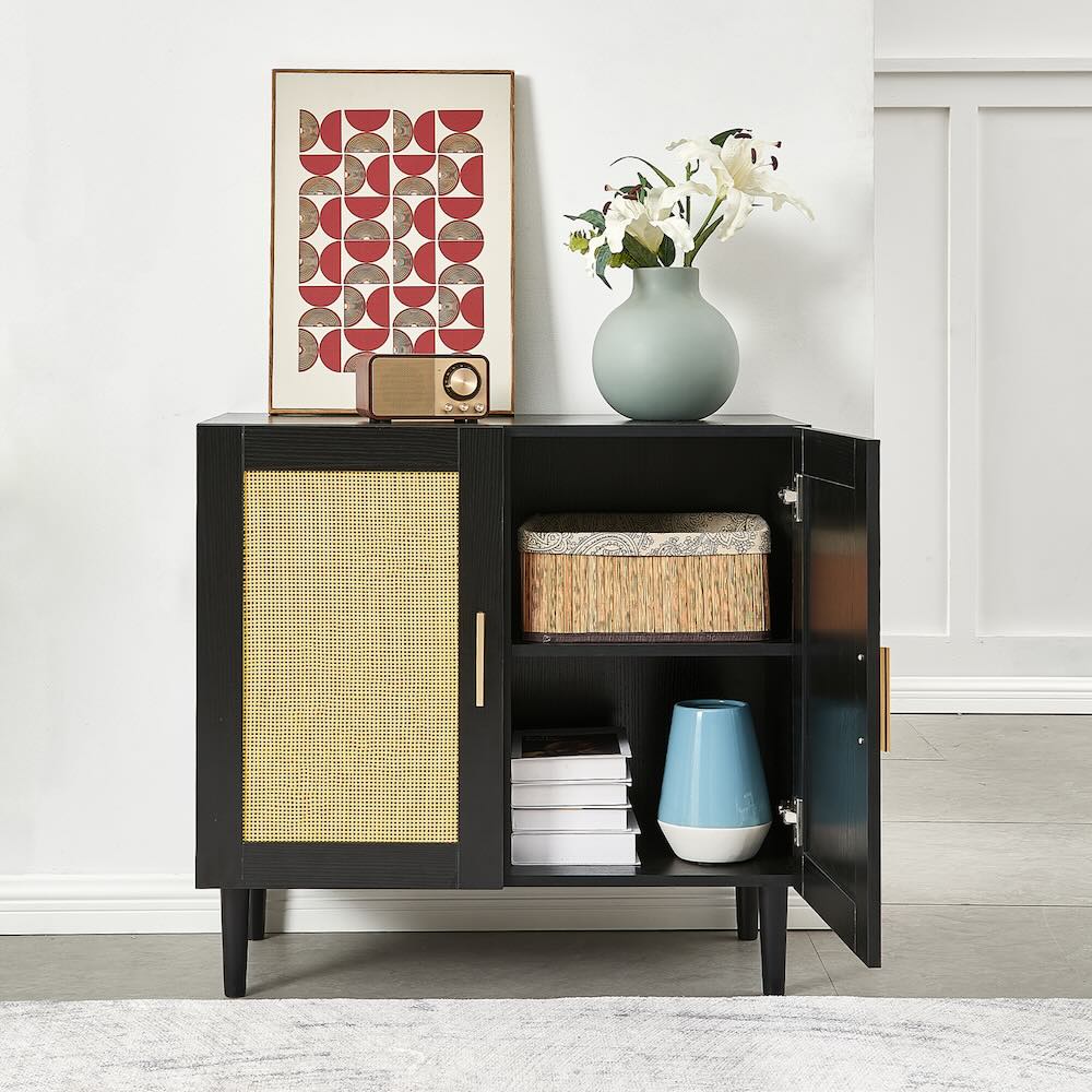 Urbilux 2-Door Accent Cabinet - Black & Rattan