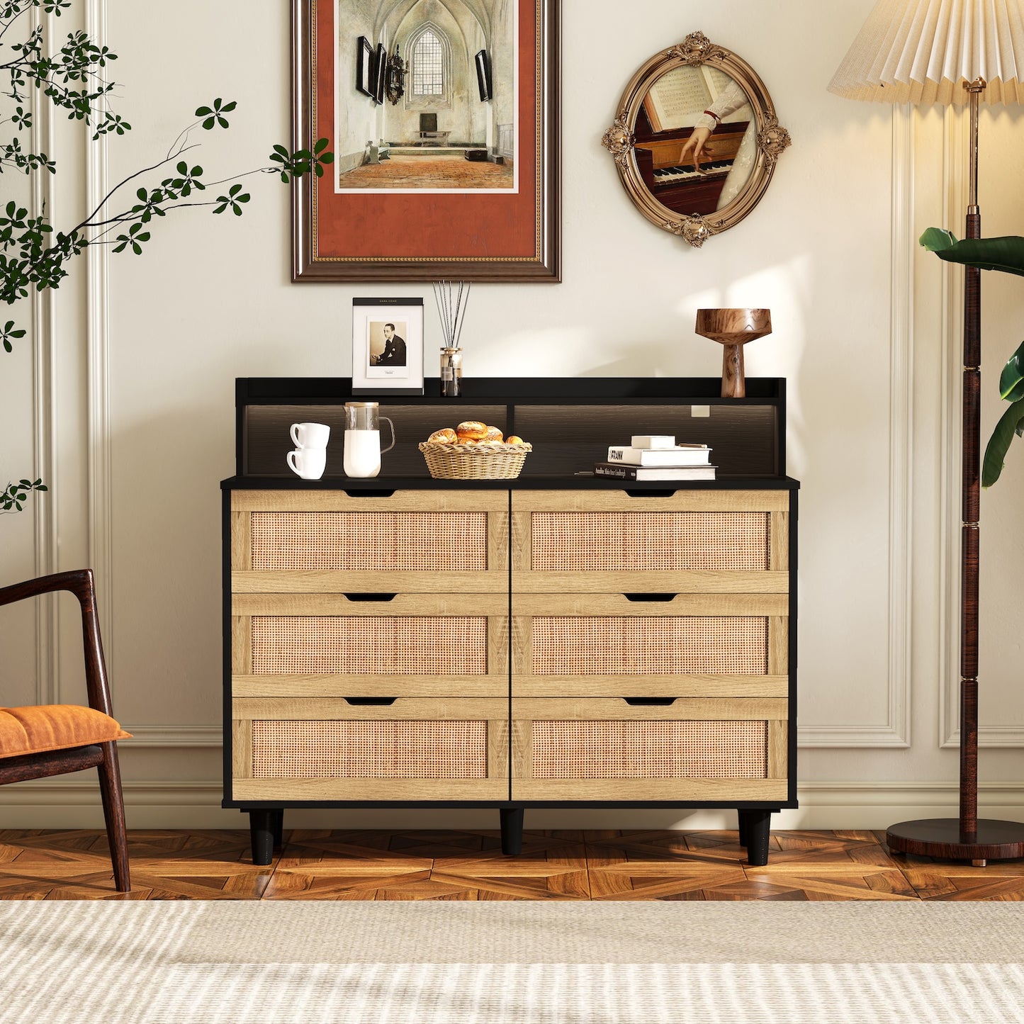 Spribung Black & Rattan Sideboard Cabinet with LED Lights