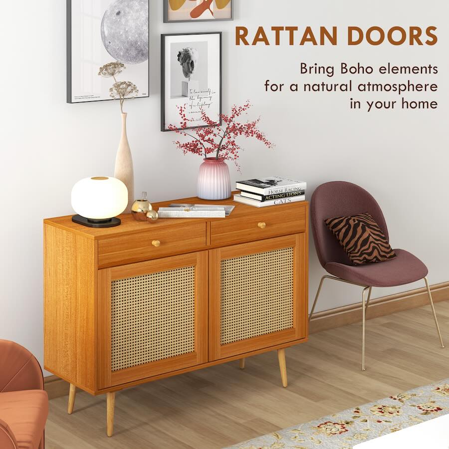 Serene Boho Style Accent Cabinet - Light Brown & Rattan