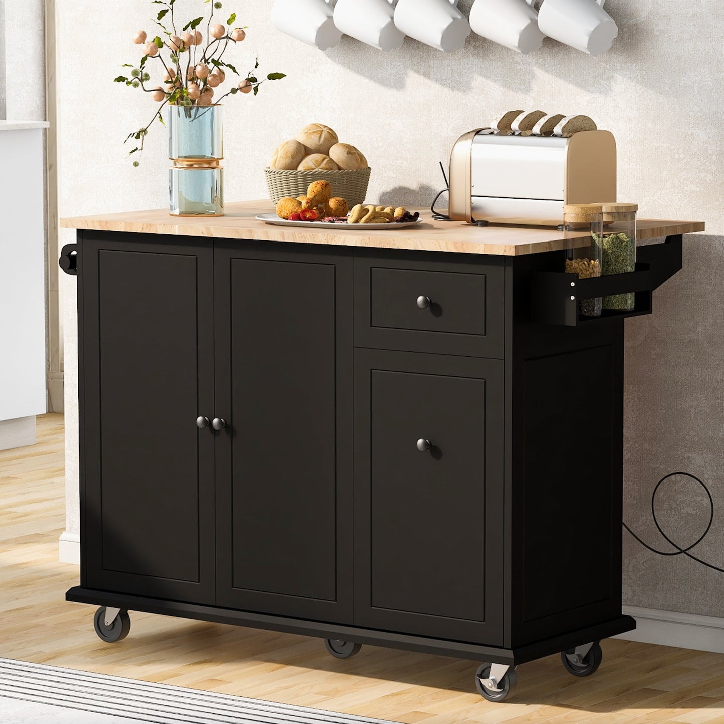 K&K Kitchen Island Cart with 3 Tier Organizer - Black