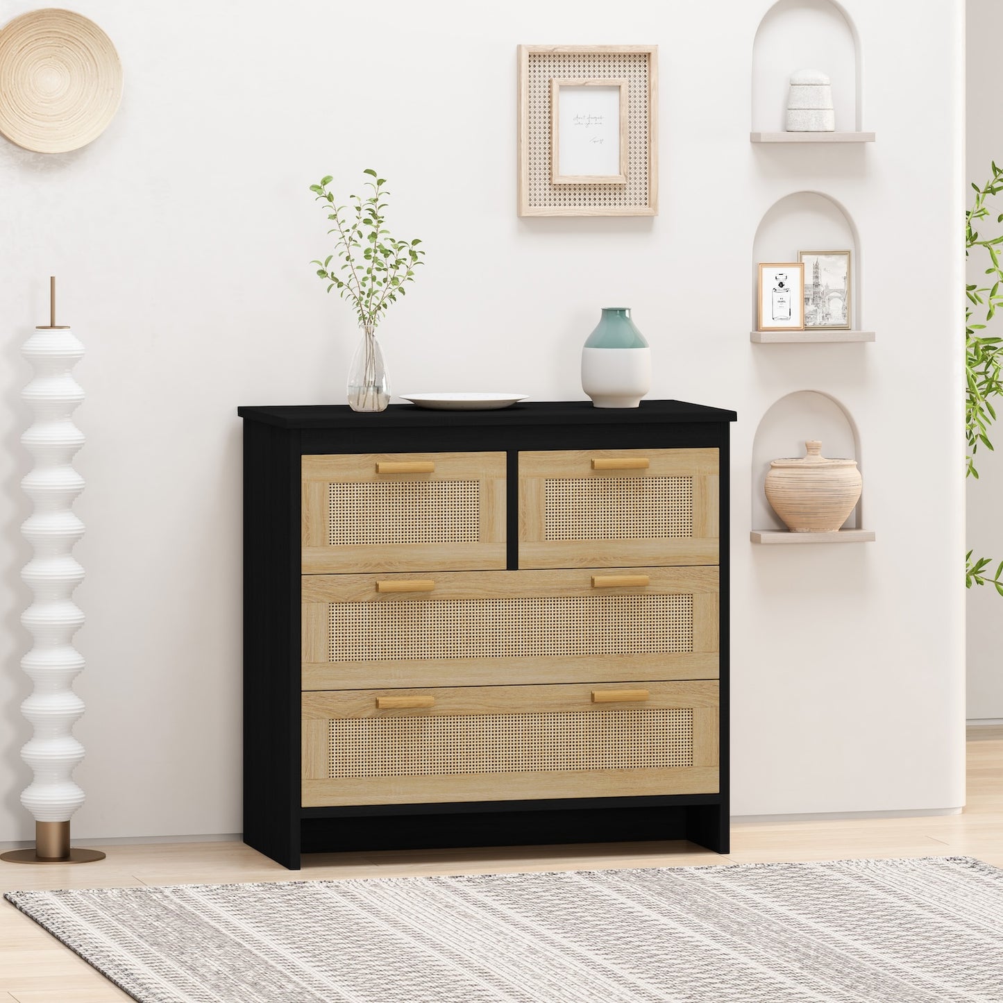 Spribung 4 Drawer Storage Cabinet - Black & Rattan